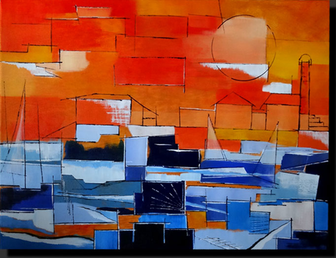 toile acrylique abstraite contemporaine figurative couleurs rouge orange jaune bleu
