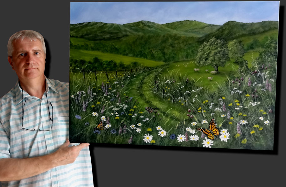 acrylique paysage chemin de campagne fleurs de prairies papillons et moutons