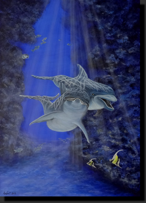 toile acrylique fond marin avec dauphins