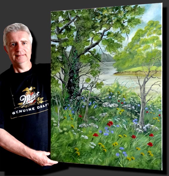 toile acrylique arbre rivière fleurs de prairie