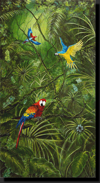 toile acrylique paysage forêt tropicale aras perroquets 