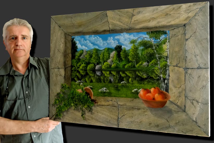 toile acryliquetrompe l'oeil ouverture dans le mur paysage