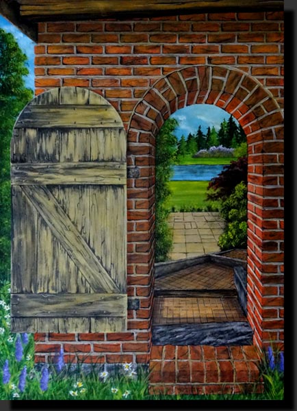 toile peinture acrylique ouverture dans mur de briques avec vieille porte bois et paysage