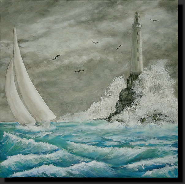 toile acrylique peinture régate voilier voiles mer vagues phare
