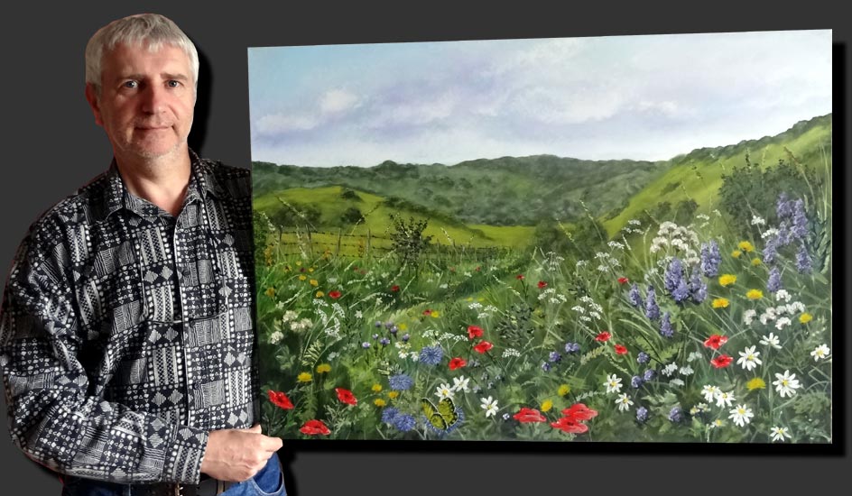 toile acrylique paysage campagne fleurs de prairie