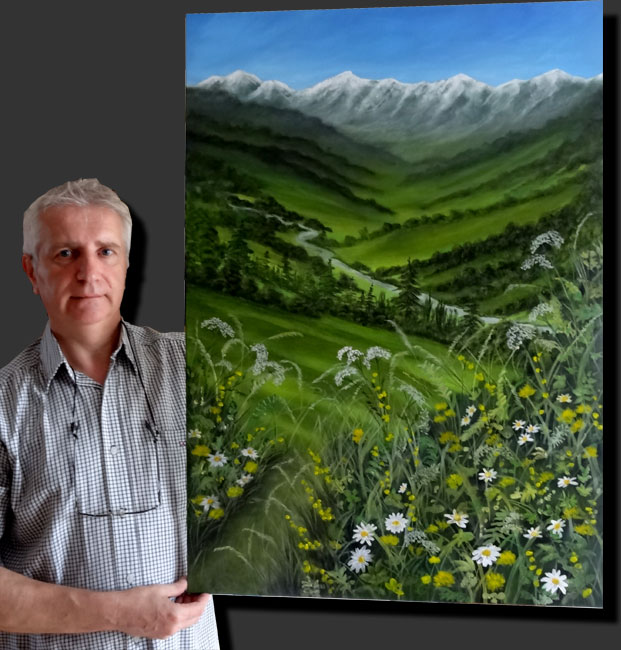 toile acrylique paysage prairie vallée fleurs de prairie